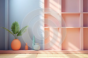 pastel wall room with sunlight window, vase and pot with a plant in the style of minimalist background