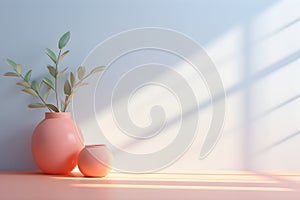 pastel wall room with sunlight window, vase and pot with a plant in the style of minimalist background