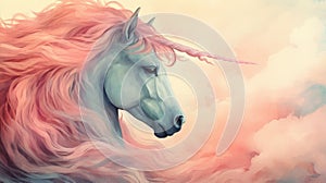 Pastel watercolor background with adorable unicorn in peach and turquoise colors