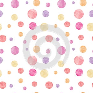 Pastel watercolor confetti seamless pattern with pink, yellow, purple and orange circles and dots