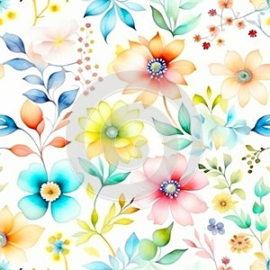 Pastel watercolor flowers with stems and leaves. Watercolor art background