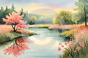 pastel watercolor landscape painting with pink and green trees and lake. on a bright sunny day. beautiful spring wallpaper