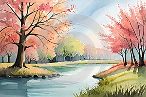 pastel watercolor landscape painting with pink and green trees and lake. on a bright sunny day. beautiful spring wallpaper