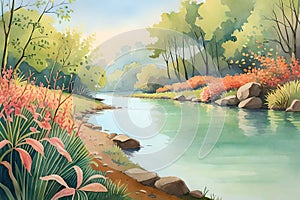 pastel watercolor landscape scene painting. trees, plants, flowers and river. serene art. calming and relaxing background