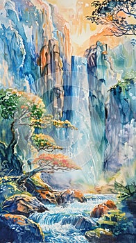 Pastel watercolors capture a majestic waterfall in a fantastical landscape, serene and enchanting.AI Generate
