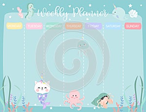 Pastel weekly calendar planner with little mermaid,caticorn,squid,coral and sea horse photo