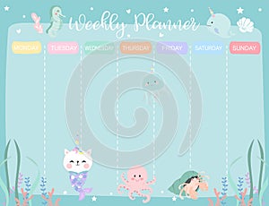 Pastel weekly calendar planner with little mermaid,caticorn,squid,coral and sea horse