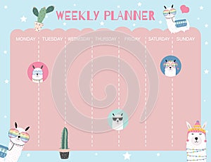 Pastel weekly calendar planner with llama,alpaca,cactus,glasses