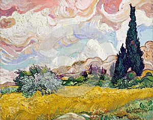 Pastel Wheat Field with Cypresses vintage illustration, remix from original painting by Vincent van Gogh photo