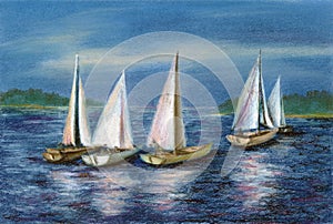 Pastel: yachts by the Obsky sea