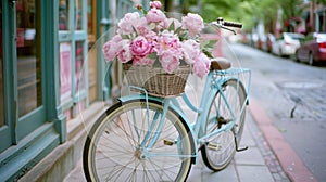 A pastelcolored bike parked on a bustling city sidewalk adorned with a basket of pink peonies