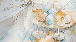 A pastelcolored watercolor wash with hints of gold and silver evoking the elegance and sophistication of Easter brunches photo