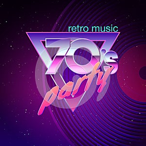Paster template for retro disco party 70s. Neon colors and vinyl record on background. Vintage music flyer. Vector illustration
