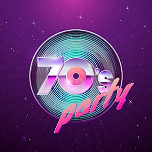 Paster template for retro disco party 70s. Vinyl record and neon colors element of 1970 style. Vintage music flyer. Vector photo