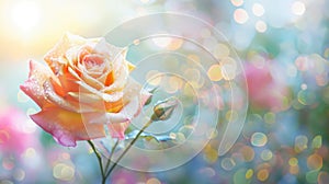 Paster yellow pink rose with glistening dewdrops. Flower blossom against bokeh light background