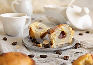 Pasticciotto leccese pastry filled with egg custard cream and sour cherry jam close up