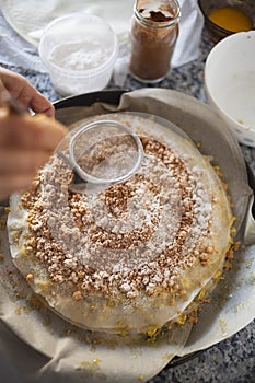 Pastilla filling preparation with icing cinnamon spreaded with straner