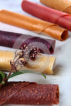 Pastille in the assortment on a light background. Natural product without sugar. Copy of the space. The concept of still life.Top