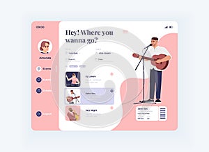 Pastime planner tablet interface vector template. Mobile app page day mode design layout. Musical events screen. Flat UI