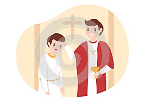 Pastor Giving a Sermon of God in Cassock at a Catholic Church from Pulpit and Baptism in Flat Cartoon Illustration