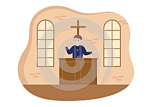 Pastor Giving a Sermon of God in Cassock at a Catholic Church from Pulpit and Baptism in Flat Cartoon Illustration