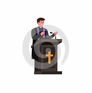 Pastor, priest, preacher speaking in podium with bible, cartoon flat illustration vector isolated in white background