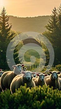 Pastoral beauty, sheep grazing harmoniously, creating a peaceful farm