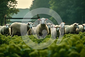 Pastoral beauty, sheep grazing harmoniously, creating a peaceful farm