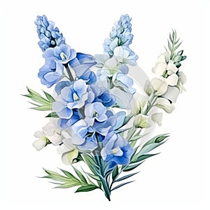 Pastoral Charm: White Blue Flowers Watercolor Illustration