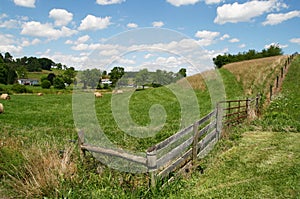 Pastoral Farm - Fence, Grass, Blue Sky and Clouds