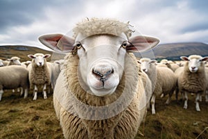 Pastoral Flock sheep staring. Generate Ai