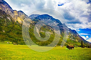 Pastoral rural landscape green valley Alps St Gallen Switzerland