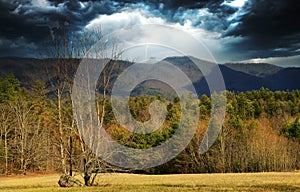 Pastoral scene in the Smokey Mountain National Park with a storm rolling in