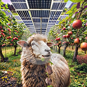 Pastoral Sustainability: Sheep, Solar Panel, and Apple Tree, generative ai