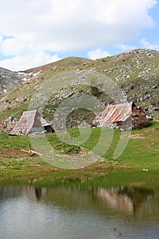 Pastoral village in mountains photo