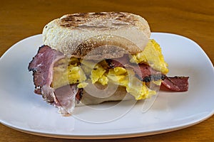 Pastrami  breakfast  sandwich with scramble egg
