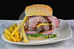 pastrami cheese burger served with a side of fries