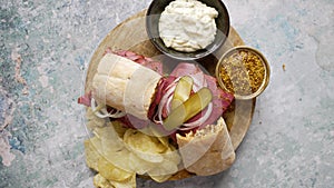 Pastrami sandwhich with delicious meet on baguette bread with chedder cheese, onion