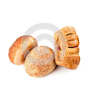 Pastries, buns and bread Isolated on a white. There is free space for text