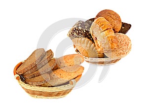 Pastries, buns and bread in a wicker basket isolated on white. Collage. Free space for text