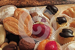 Pastries with fruit and chocolate table