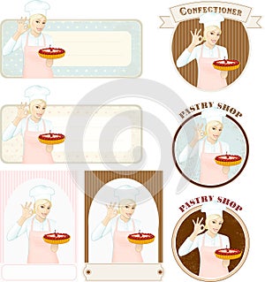 Pastry banners with beautiful woman confectioner with cake