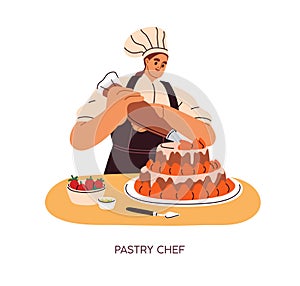 Pastry chef, confectioner cooking cake. Baker decorating dessert with cream from confectionery bag. Kitchen worker
