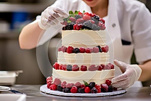 A pastry chef decorates a cake with berries