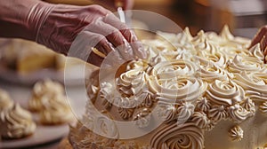 Pastry Chef Decorating Luxurious Cake. Artistry in Confectionery