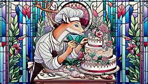 Pastry Chef Deer Decorating a Tiered Wedding Cake