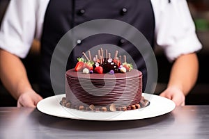 pastry chef displaying a gourmet chocolate cake