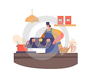 Pastry Chef Female Character Cooking Caramel Lollipops on Kitchen. Woman Makes Delightful Desserts, Vector Illustration