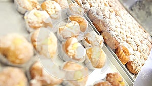 Pastry chef prepare sweets sprinkle with icing sugar in confectionery