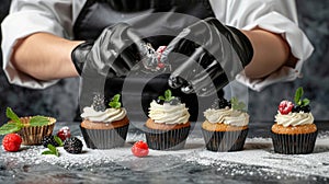 Pastry chef s gloved hands decorating cupcakes with cream cheese frosting and red berries